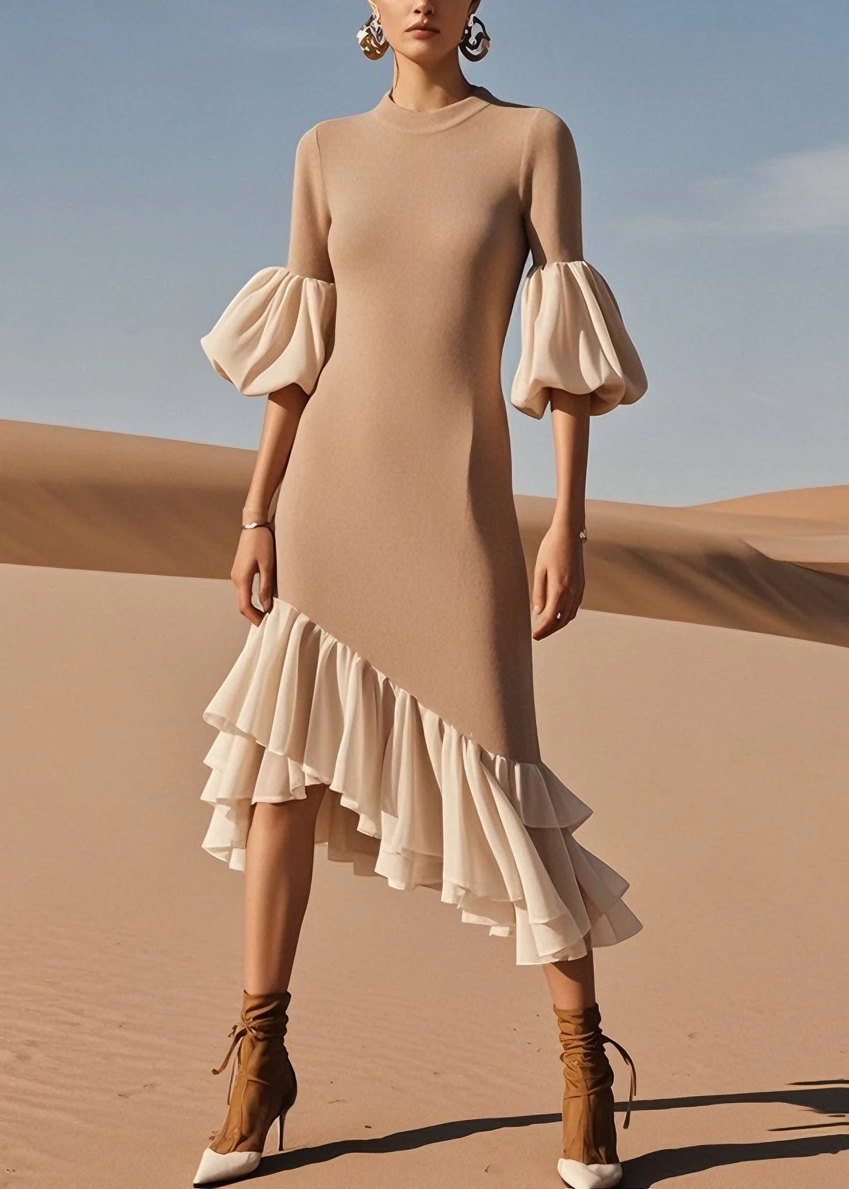 Stylish O Neck Ruffled Patchwork Knit Sweater Dress Spring - Image 5