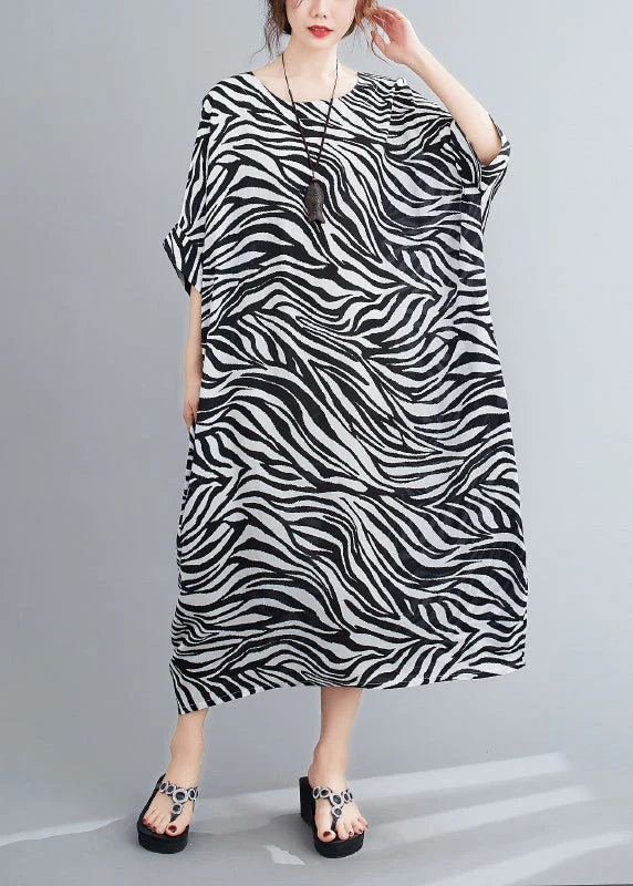 Stylish O-Neck Striped Print Vacation Dress Batwing Sleeve - Image 2