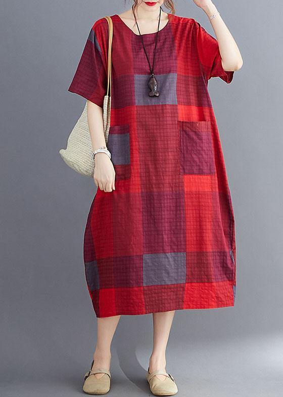 Stylish Orange flower O Neck Plaid Maxi Dresses Cotton Linen Summer - Image 5