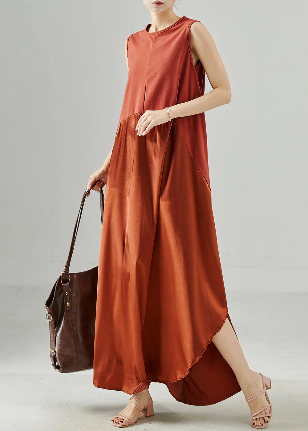 Stylish Orange Oversized Patchwork Silk Vacation Dresses Sleeveless - Image 2
