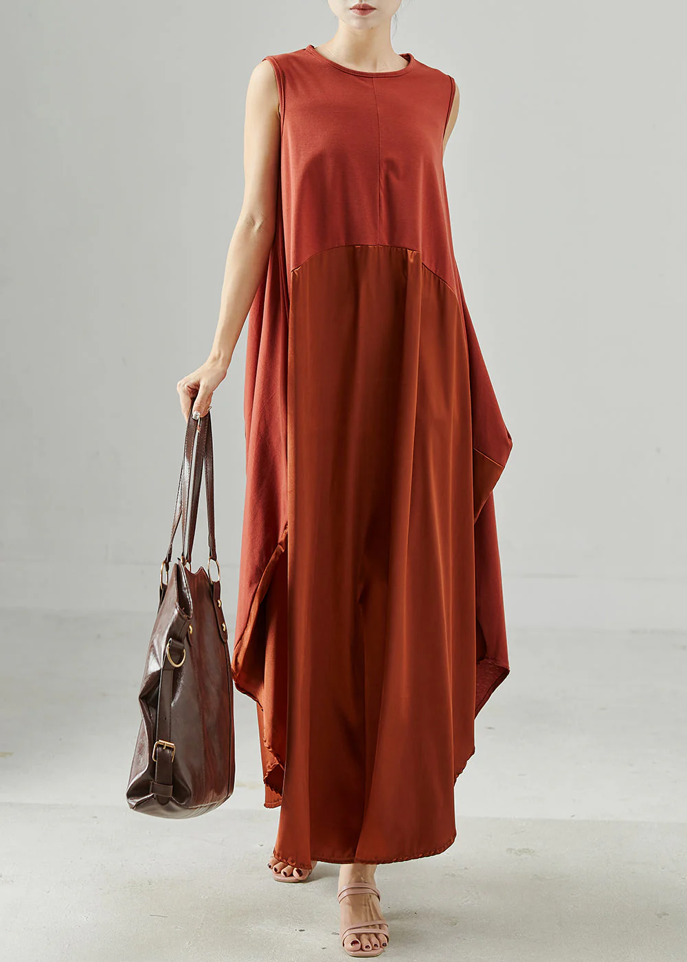 Stylish Orange Oversized Patchwork Silk Vacation Dresses Sleeveless - Image 3