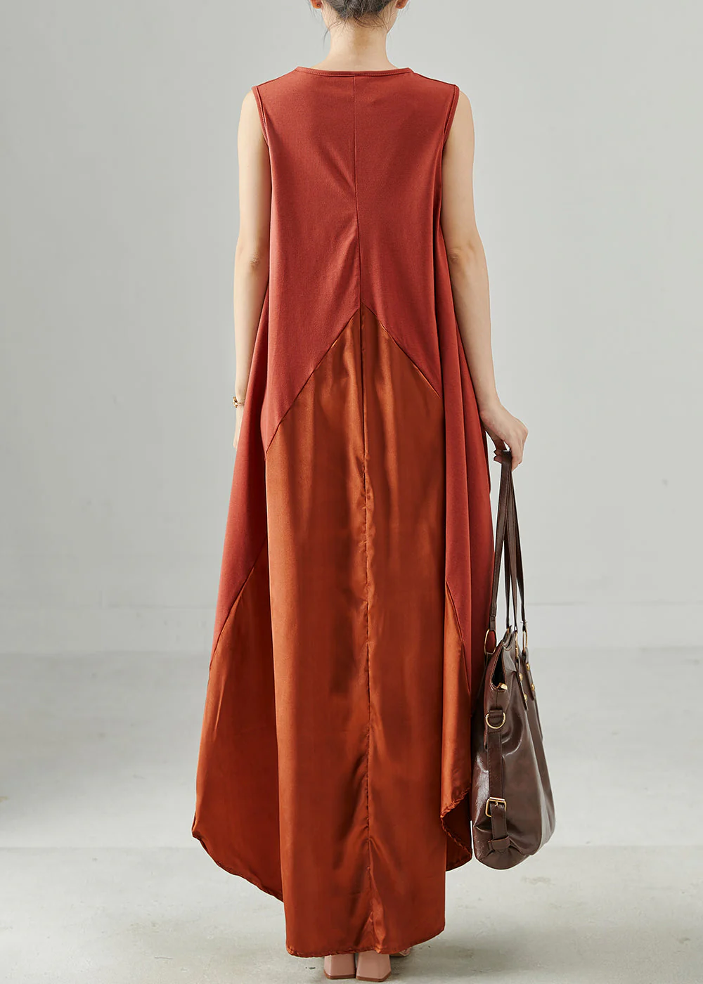 Stylish Orange Oversized Patchwork Silk Vacation Dresses Sleeveless - Image 4