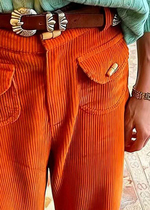 Stylish Orange Pockets High Waist Corduroy Pants Spring - Image 2