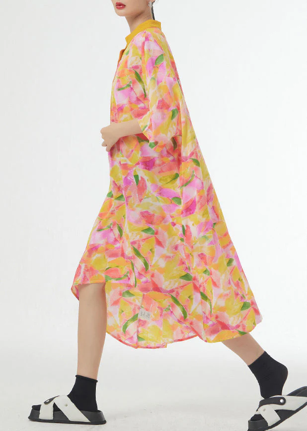 Stylish Orange Stand Collar Print Patchwork Cotton Dress Half Sleeve - Image 3
