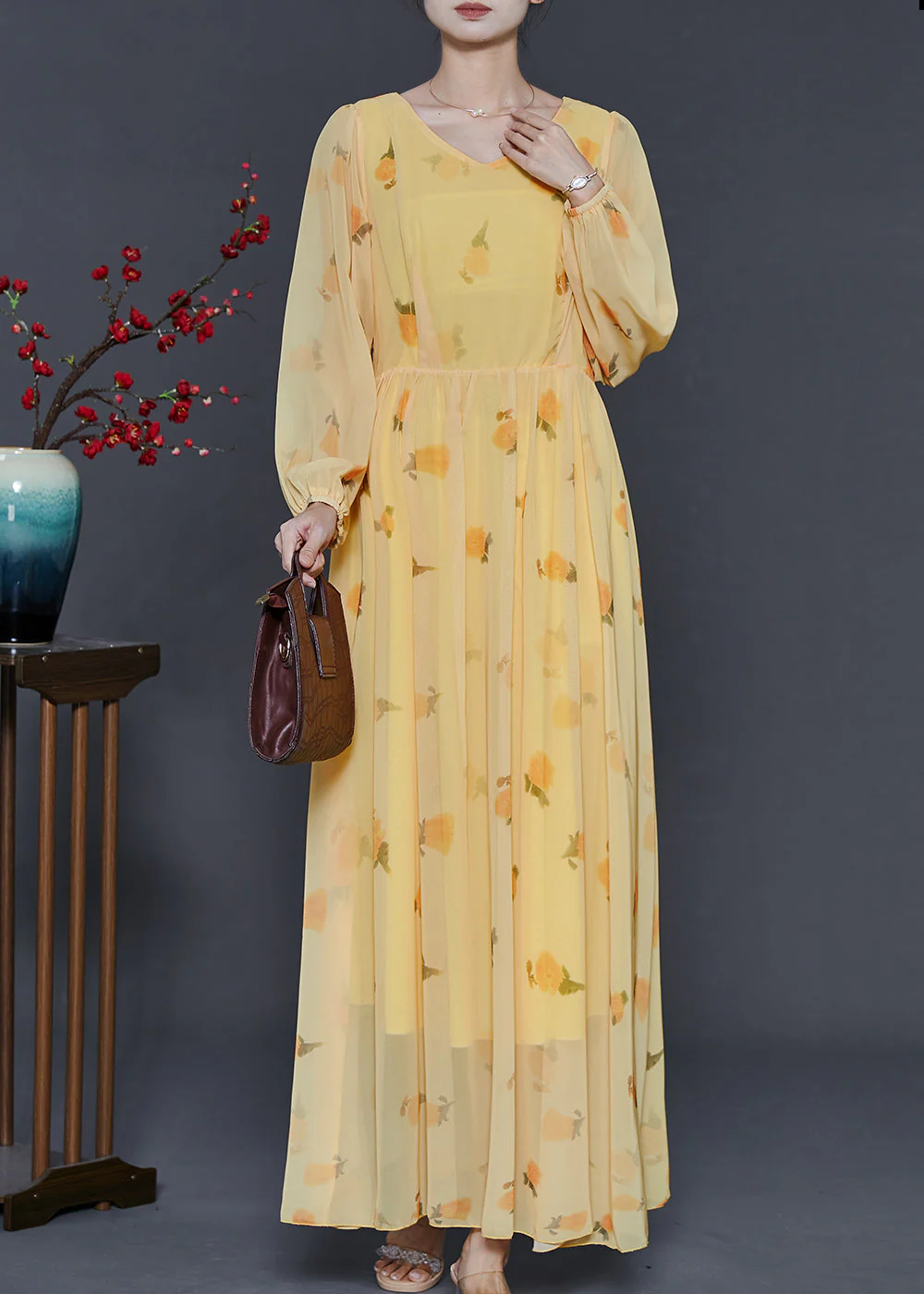 Stylish Orange Tie Waist Print Chiffon Maxi Dress Spring - Image 2
