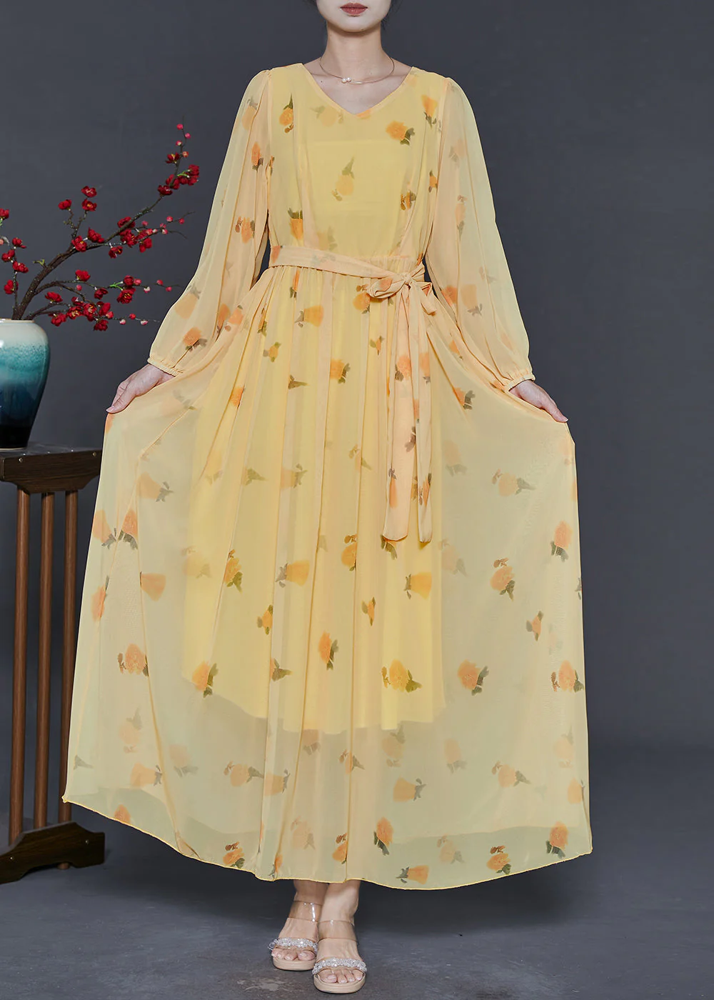 Stylish Orange Tie Waist Print Chiffon Maxi Dress Spring - Image 3
