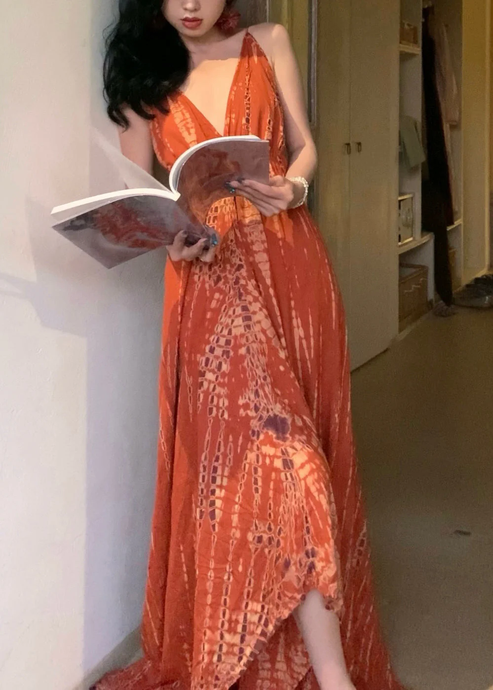 Stylish Orange V Neck Tie Dye Cotton Long Spaghetti Strap Dress Summer - Image 2
