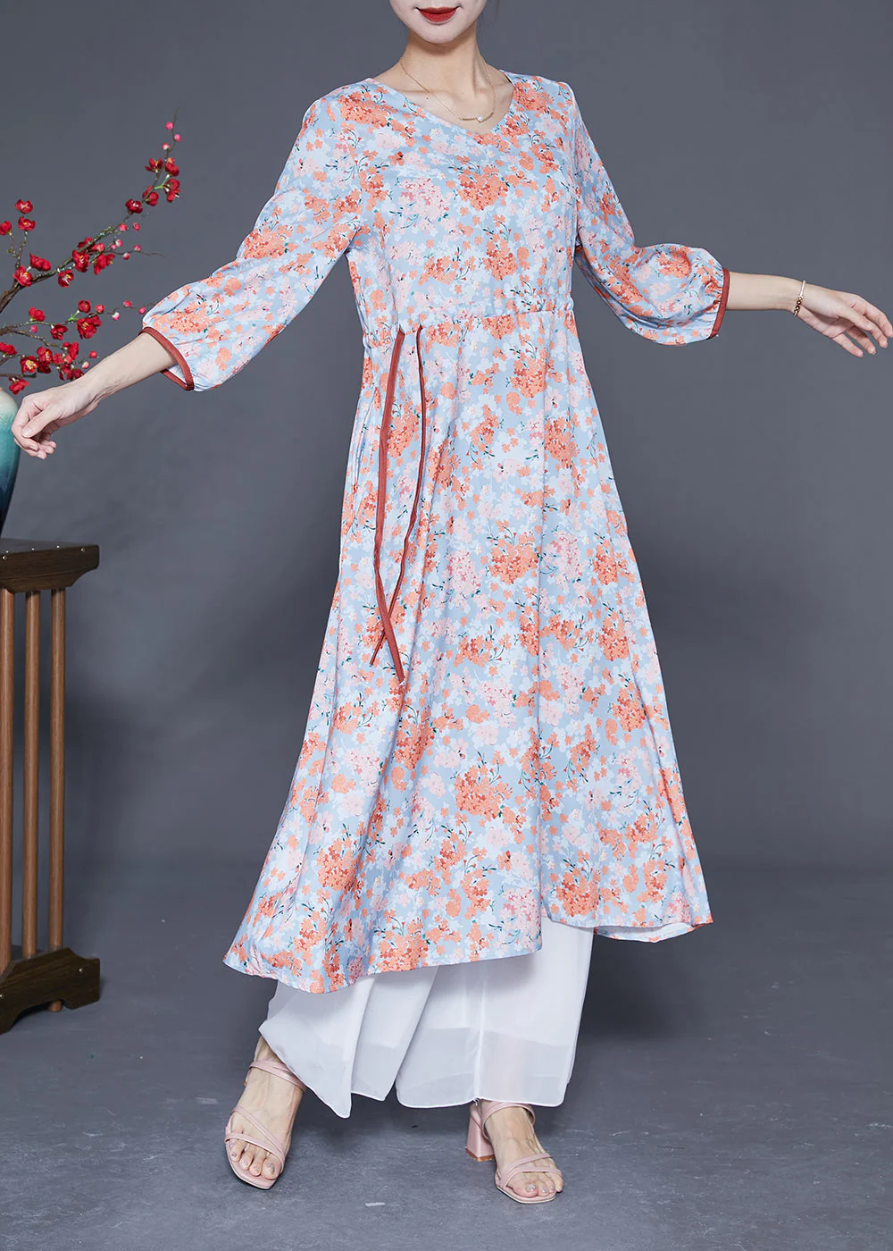 Stylish Orange V Neck Tie Waist Print Silk Holiday Dress Bracelet Sleeve - Image 2