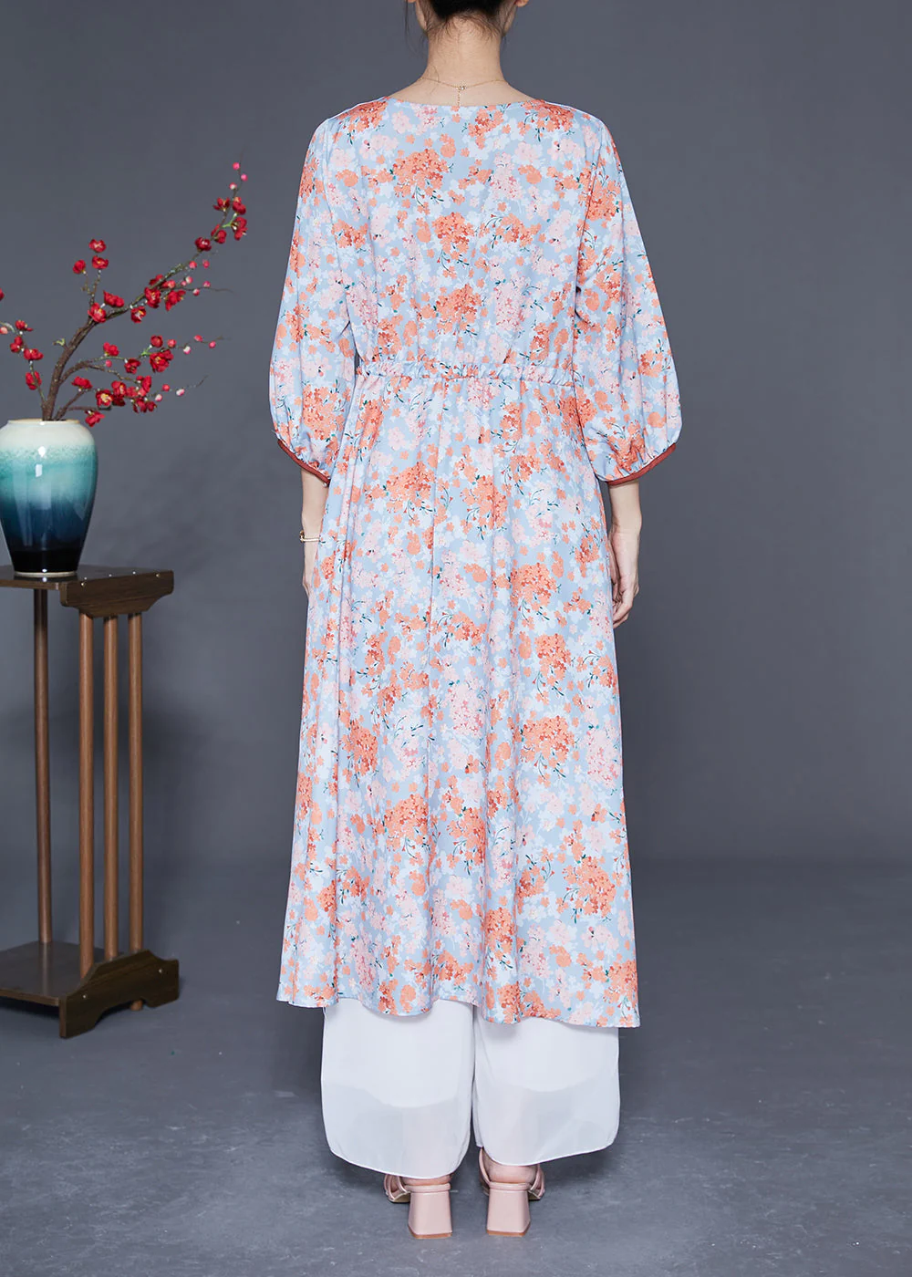 Stylish Orange V Neck Tie Waist Print Silk Holiday Dress Bracelet Sleeve - Image 4