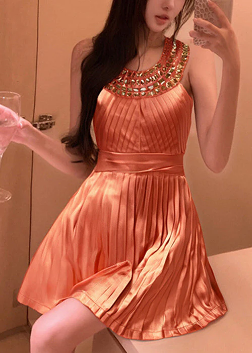 Stylish Orange Zircon Wrinkled Mini Dress Sleeveless - Image 2