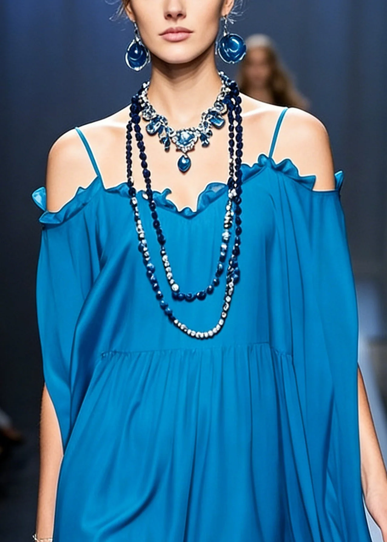 Stylish Peacock Blue Cold Shoulder Ruffled Chiffon Spaghetti Strap Dress Summer - Image 2