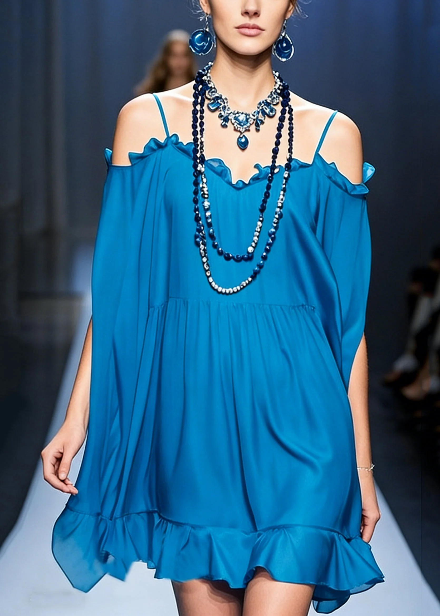 Stylish Peacock Blue Cold Shoulder Ruffled Chiffon Spaghetti Strap Dress Summer - Image 3