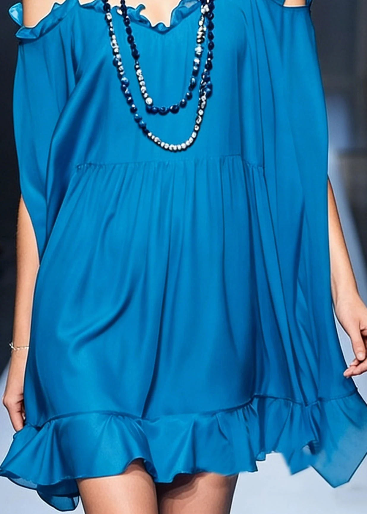 Stylish Peacock Blue Cold Shoulder Ruffled Chiffon Spaghetti Strap Dress Summer - Image 4