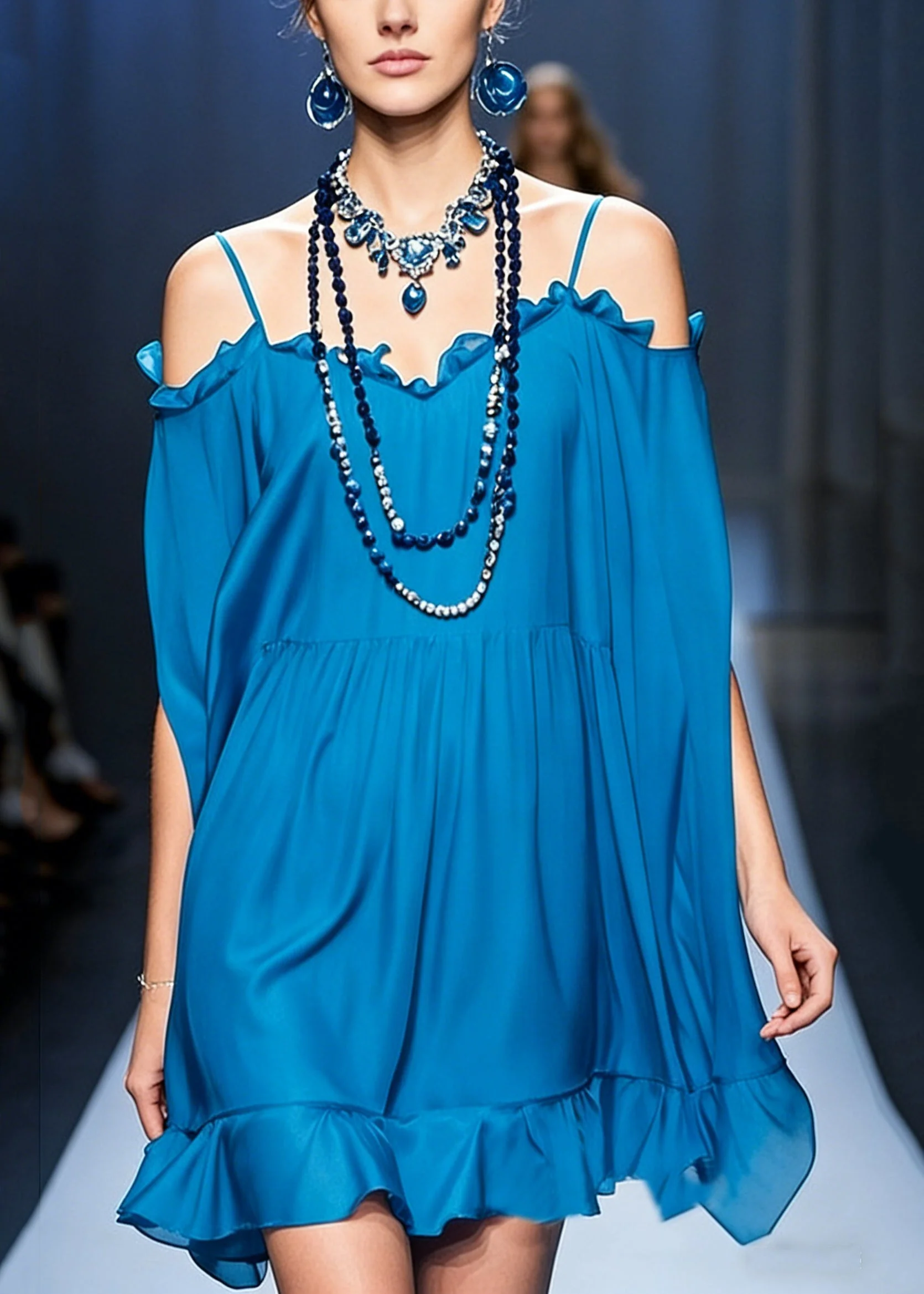 Stylish Peacock Blue Cold Shoulder Ruffled Chiffon Spaghetti Strap Dress Summer - Image 5