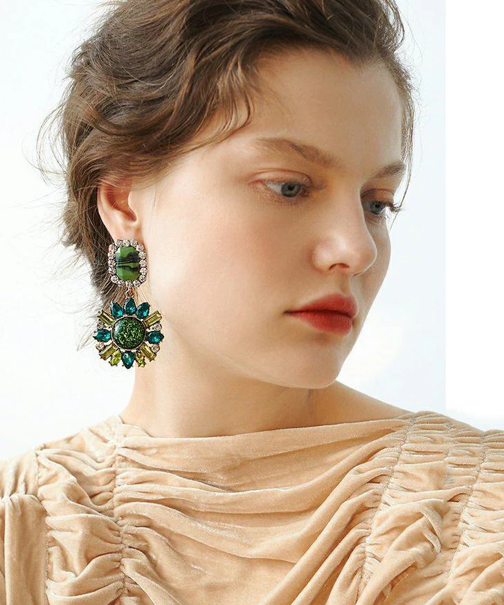 Stylish Peacock Green Sparkling Sunflower Gem Stone Drop Earrings - Image 2