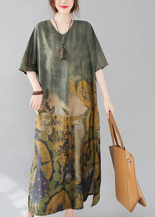 Stylish Peacock Green V Neck Side Open Print Maxi Dresses Short Sleeve - Image 2