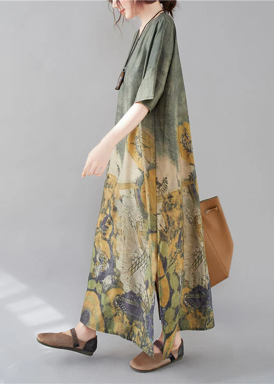 Stylish Peacock Green V Neck Side Open Print Maxi Dresses Short Sleeve - Image 4