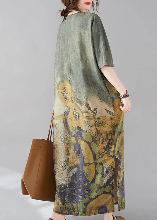 Stylish Peacock Green V Neck Side Open Print Maxi Dresses Short Sleeve - Image 5