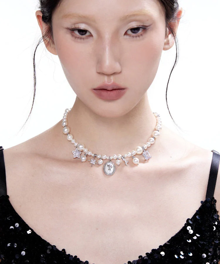 Stylish Pearl Angel Zircon Silver Plated Pendant Choker - Image 2