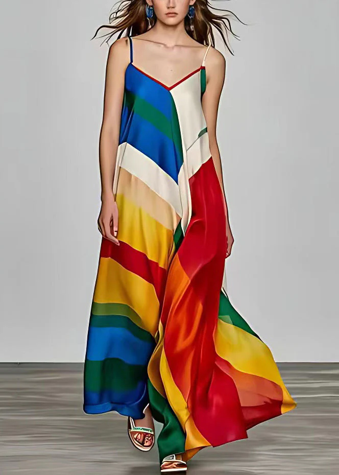 Stylish Photo Color V Neck Print Silk Spaghetti Strap Dress Sleeveless - Image 2