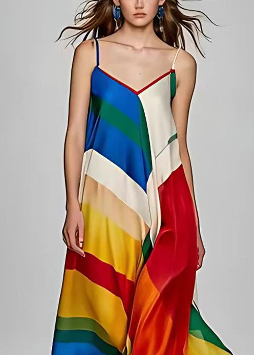 Stylish Photo Color V Neck Print Silk Spaghetti Strap Dress Sleeveless - Image 3