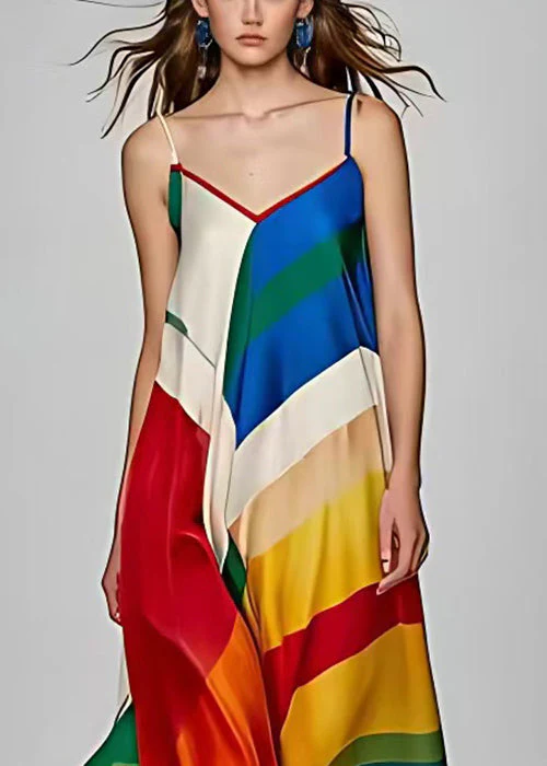 Stylish Photo Color V Neck Print Silk Spaghetti Strap Dress Sleeveless - Image 4