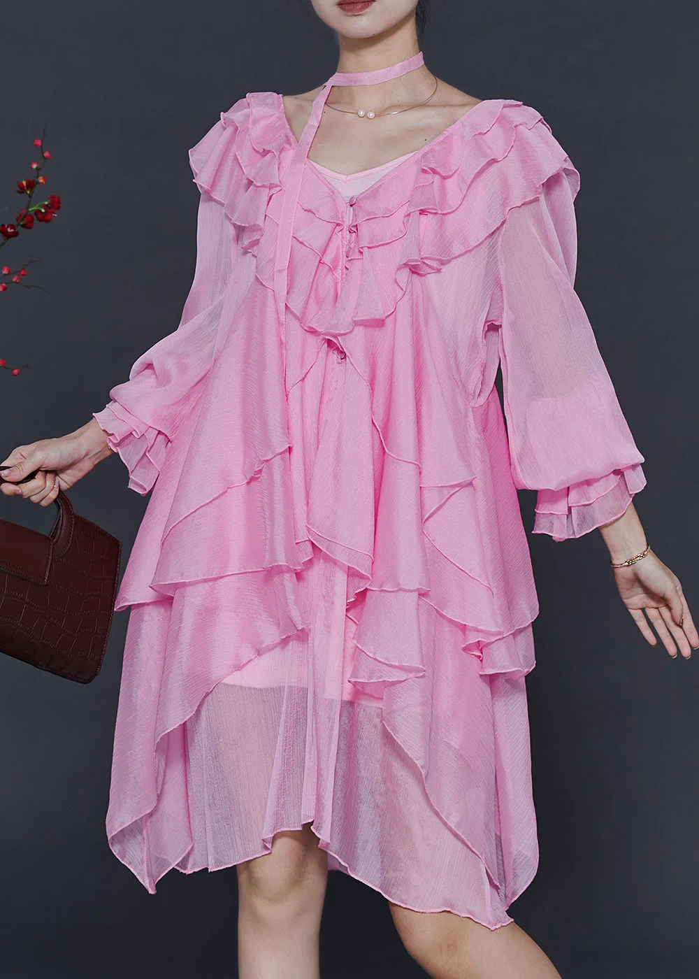 Stylish Pink Asymmetrical Ruffles Chiffon Mid Dress Spring - Image 2