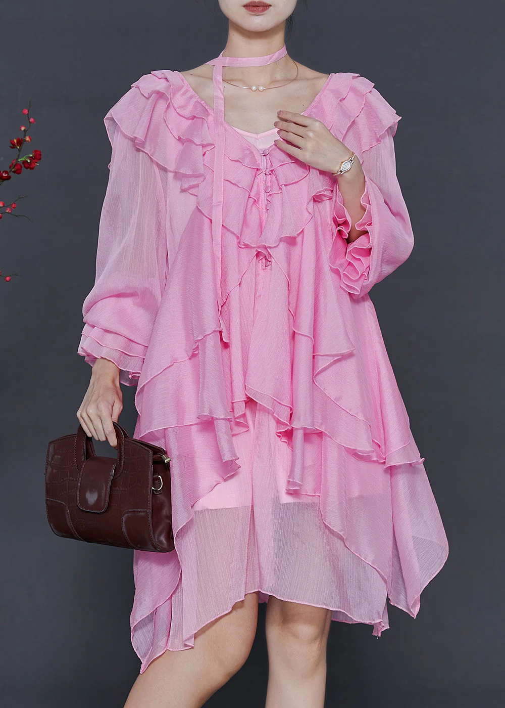 Stylish Pink Asymmetrical Ruffles Chiffon Mid Dress Spring - Image 3