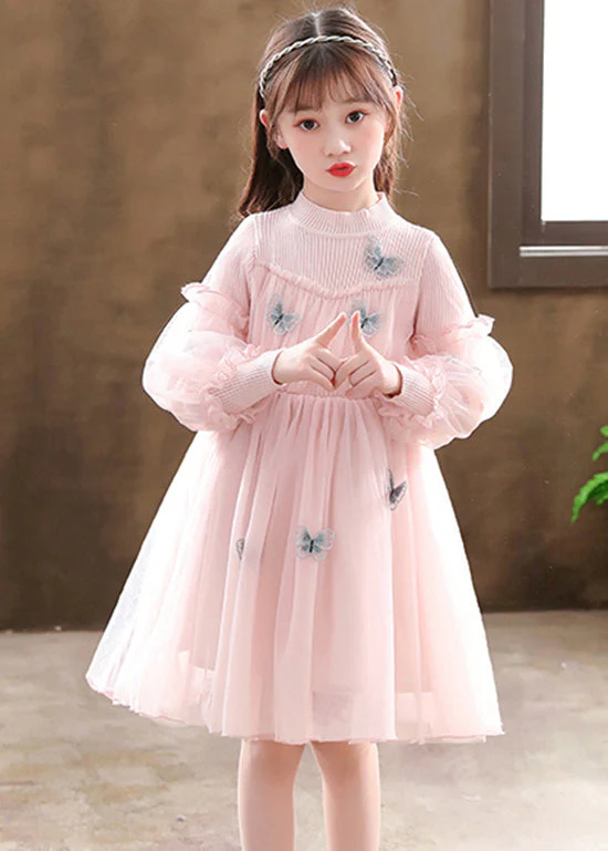 Stylish Pink Butterfly Patchwork Tulle Baby Girls Dress Fall - Image 2