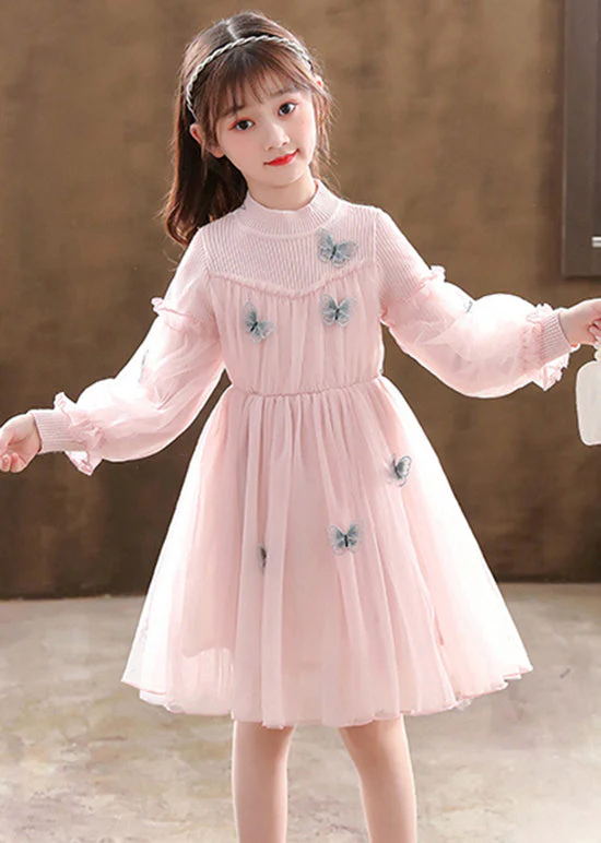 Stylish Pink Butterfly Patchwork Tulle Baby Girls Dress Fall - Image 3