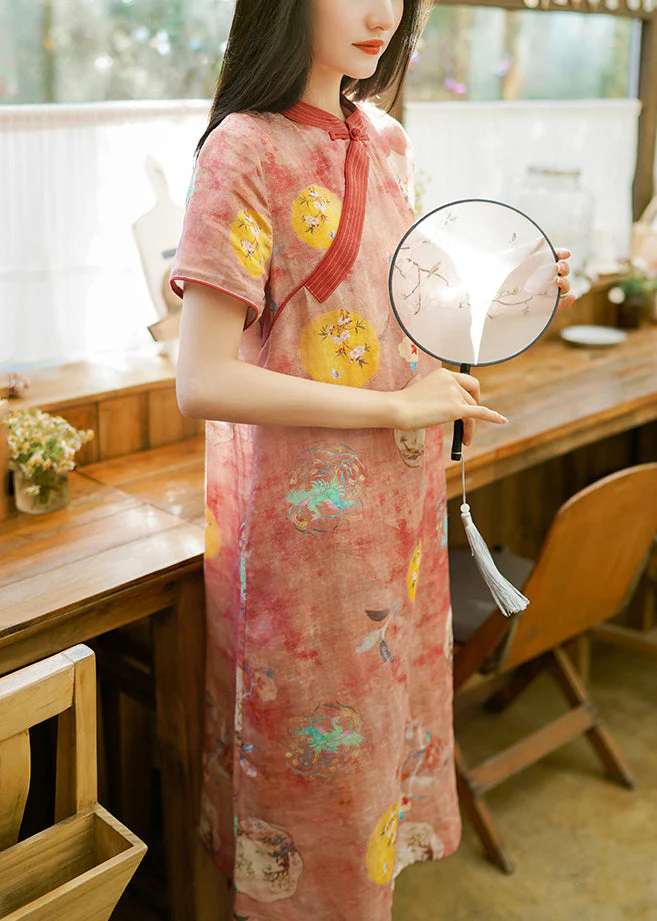 Stylish Pink Button Print Patchwork Linen Dresses Summer - Image 2