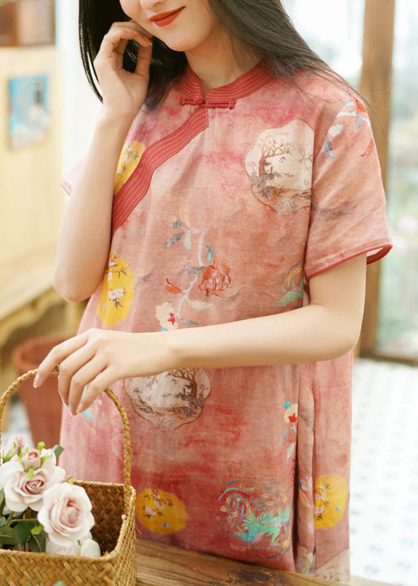 Stylish Pink Button Print Patchwork Linen Dresses Summer - Image 3