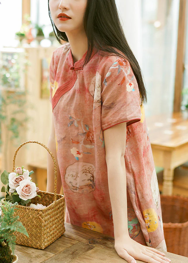 Stylish Pink Button Print Patchwork Linen Dresses Summer - Image 4