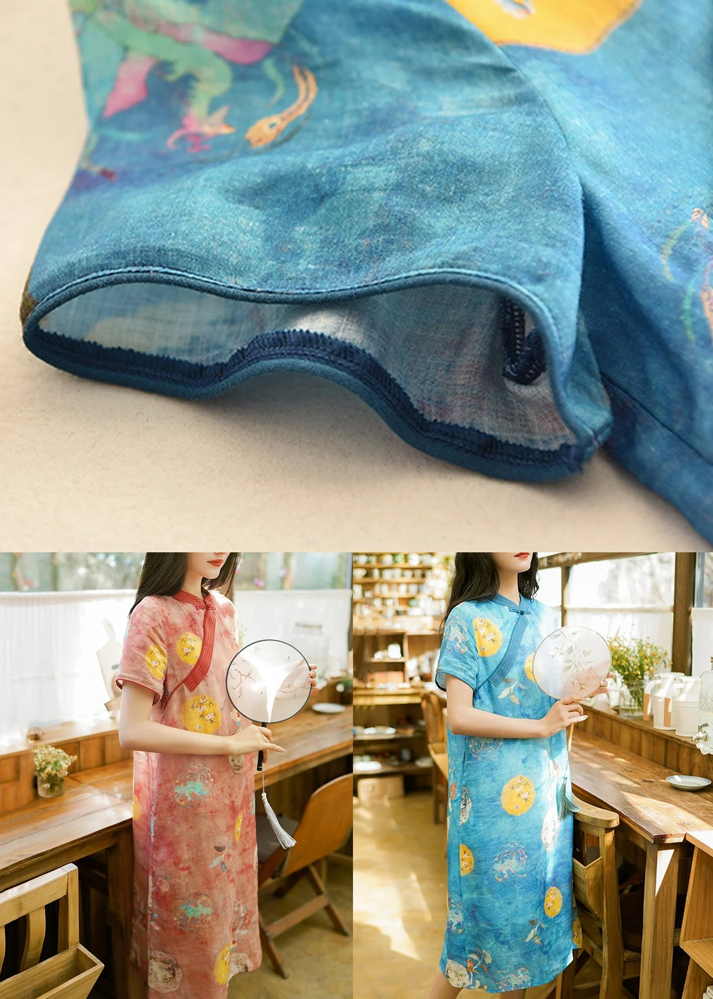 Stylish Pink Button Print Patchwork Linen Dresses Summer - Image 5