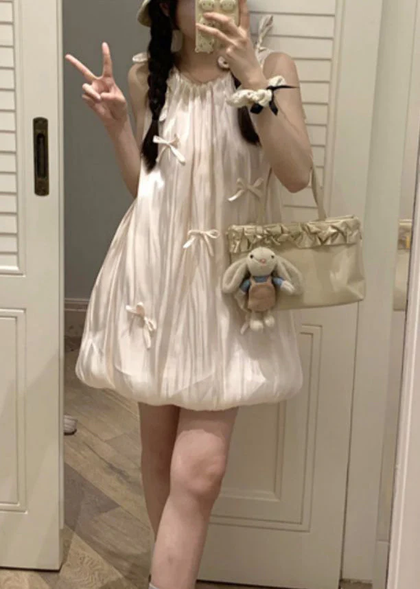 Stylish Pink Lace Up Bow Cotton Mid Dress Sleeveless - Image 3
