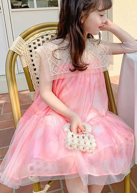 Stylish Pink Nail Bead Wrinkled Patchwork Tulle Kids Girls Dress Summer - Image 2