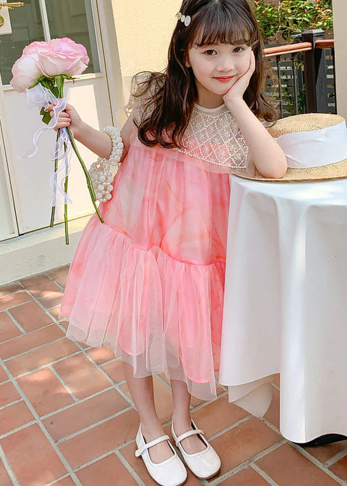 Stylish Pink Nail Bead Wrinkled Patchwork Tulle Kids Girls Dress Summer - Image 3
