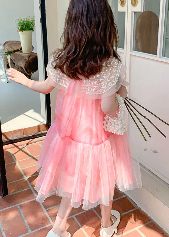 Stylish Pink Nail Bead Wrinkled Patchwork Tulle Kids Girls Dress Summer - Image 5