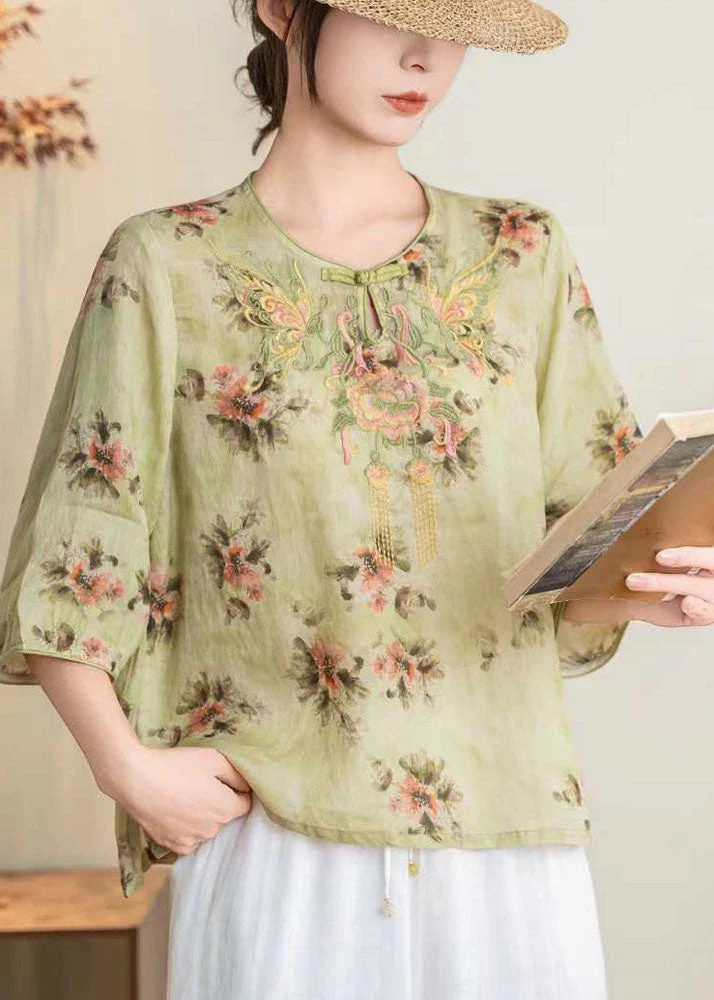 Stylish Pink O Neck Embroidered Linen Blouses Summer - Image 3