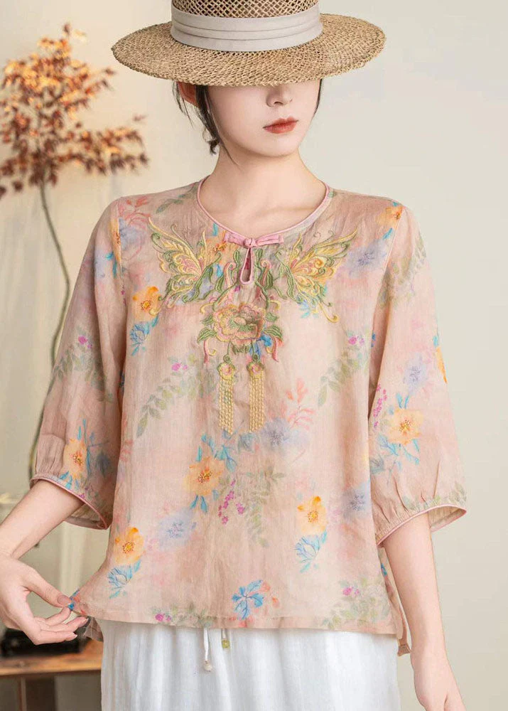 Stylish Pink O Neck Embroidered Linen Blouses Summer - Image 4