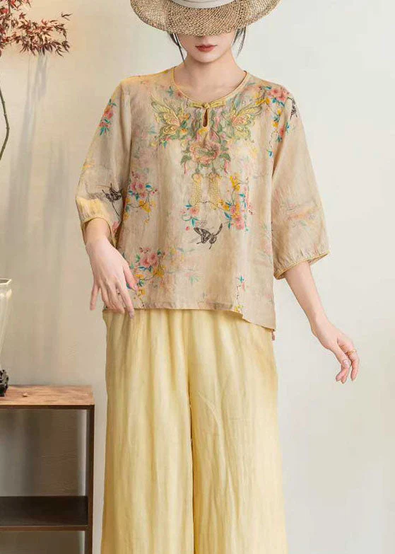 Stylish Pink O Neck Embroidered Linen Blouses Summer - Image 5