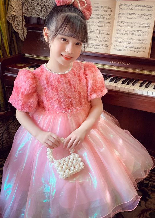 Stylish Pink O-Neck Nail Bead Patchwork Tulle Baby Girls Dresses Summer - Image 2