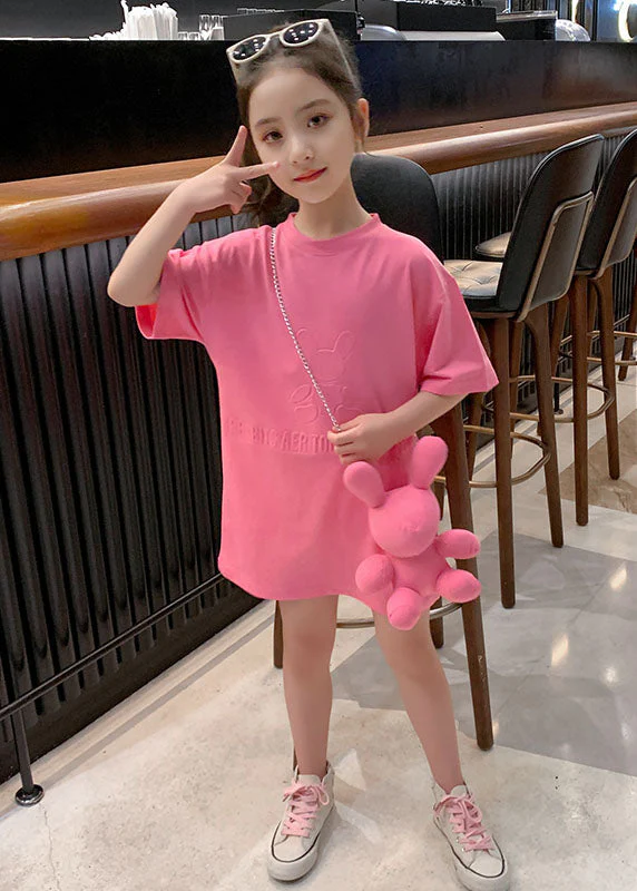 Stylish Pink O Neck Patchwork Cotton Kids Girls T Shirt Dresses Summer - Image 3