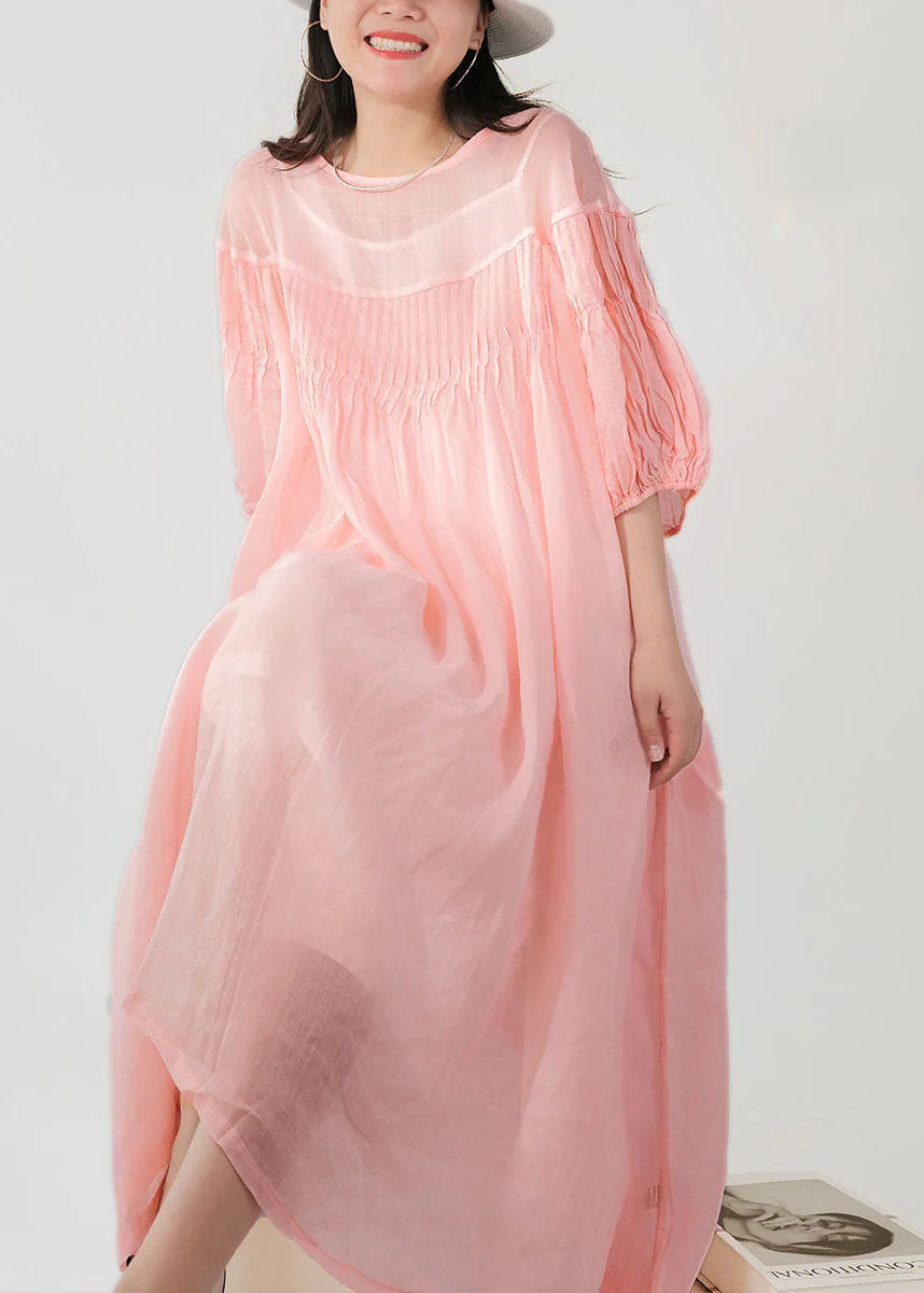 Stylish Pink O Neck Wrinkled Patchwork Long Linen Dress Summer - Image 2