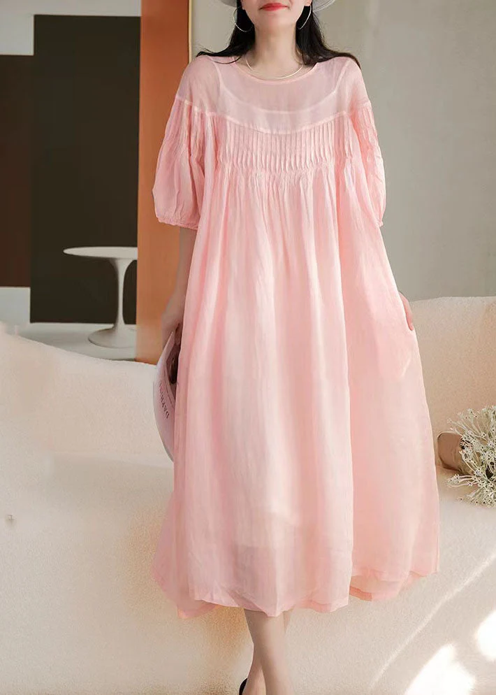 Stylish Pink O Neck Wrinkled Patchwork Long Linen Dress Summer - Image 3