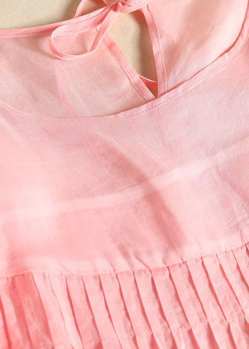 Stylish Pink O Neck Wrinkled Patchwork Long Linen Dress Summer - Image 4