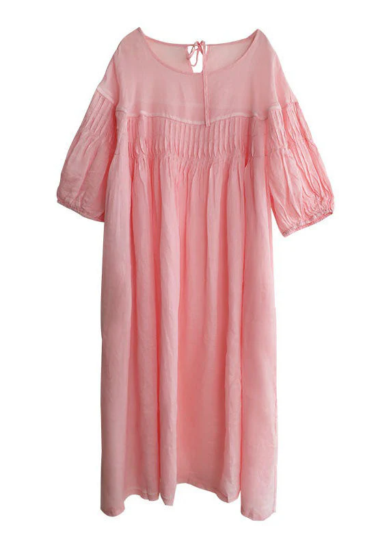 Stylish Pink O Neck Wrinkled Patchwork Long Linen Dress Summer - Image 5