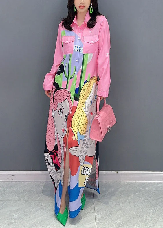 Stylish Pink Peter Pan Collar Print Patchwork Cotton Shirts Dress Summer - Image 2