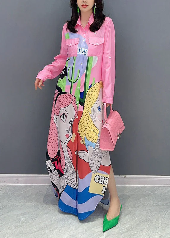 Stylish Pink Peter Pan Collar Print Patchwork Cotton Shirts Dress Summer - Image 3