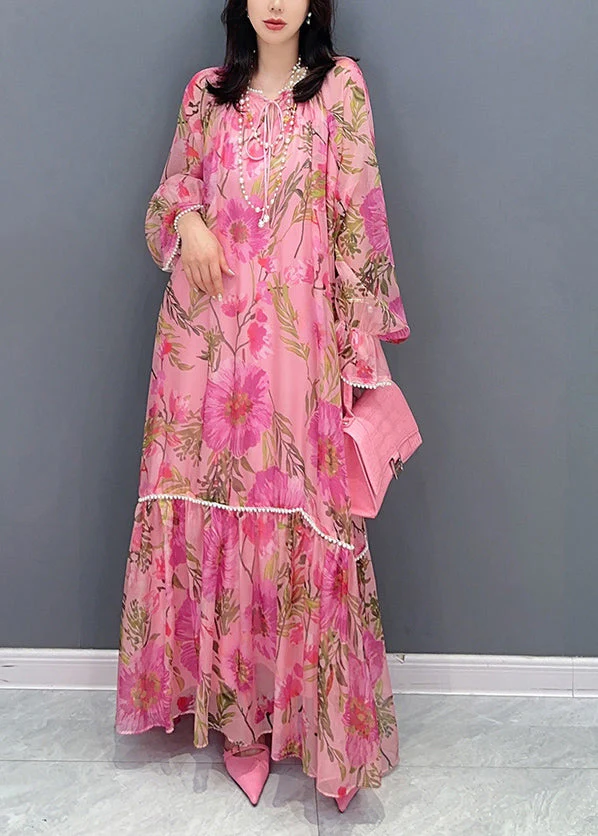 Stylish Pink Print Patchwork Chiffon Long Dress Fall - Image 2